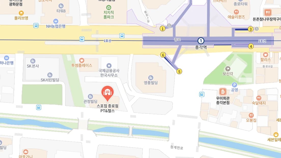 스포짐 종로점 위치 지도. 종각역과 청계천로 사이 관정빌딩에 표시되어 있습니다.